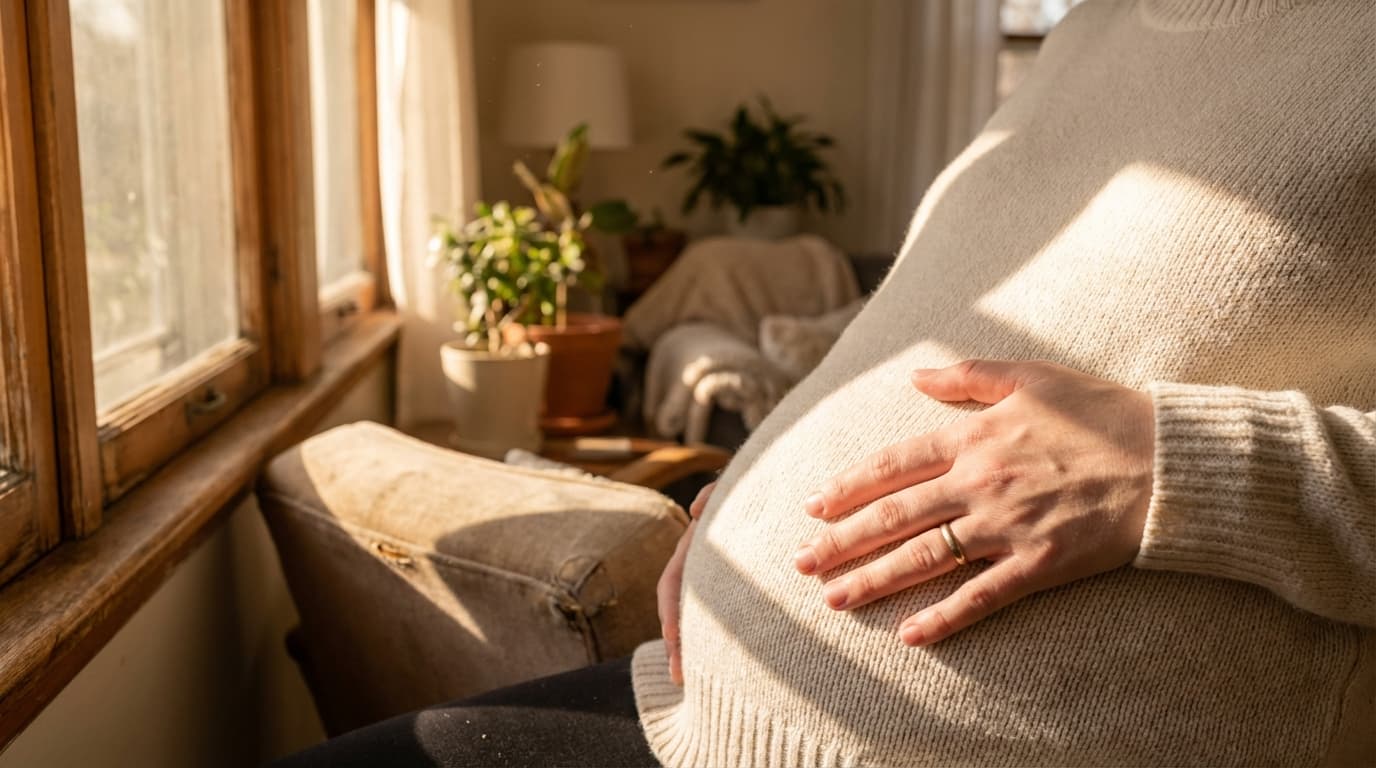 Gros plan cinématographique d'une main posée délicatement sur le ventre d'une femme enceinte sous une lumière naturelle douce.
