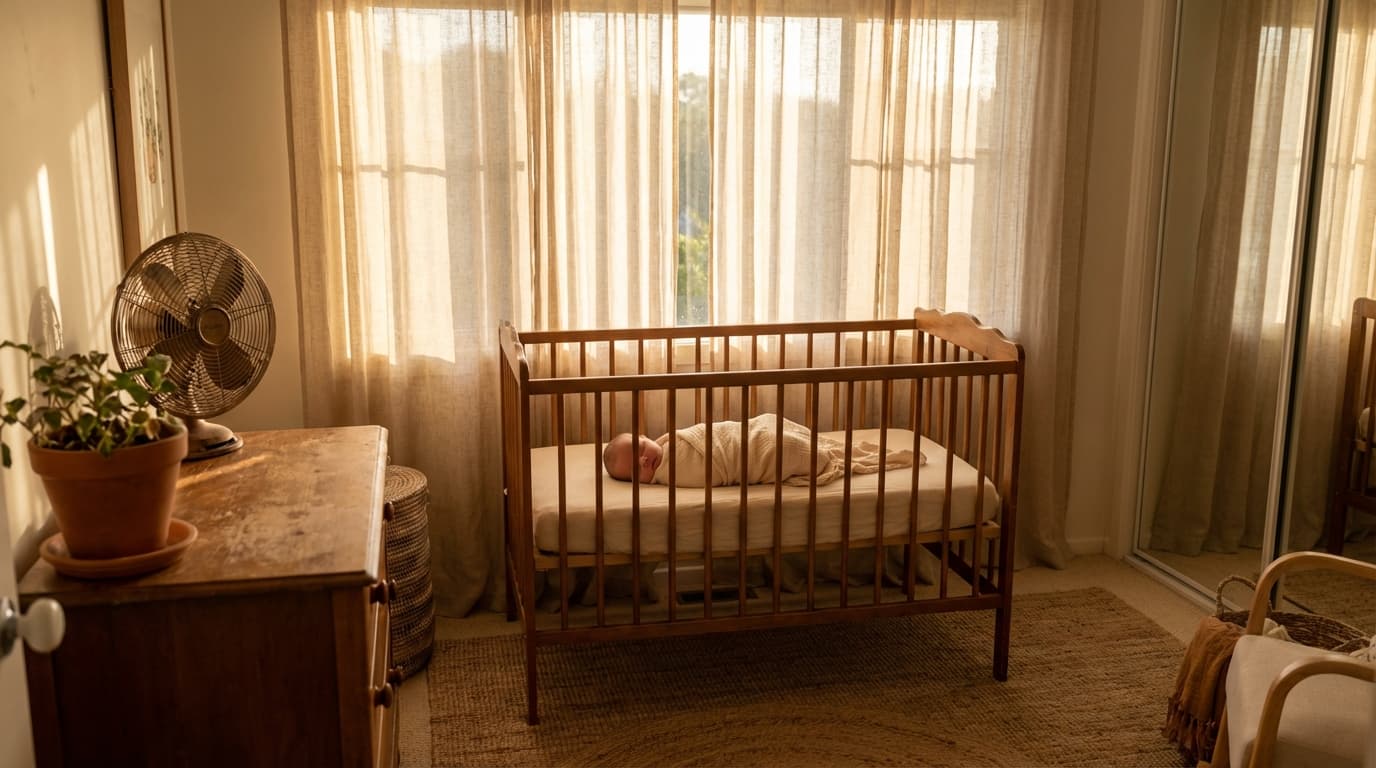 Bébé qui dort paisiblement dans un berceau avec un lange léger pendant une journée de forte chaleur.