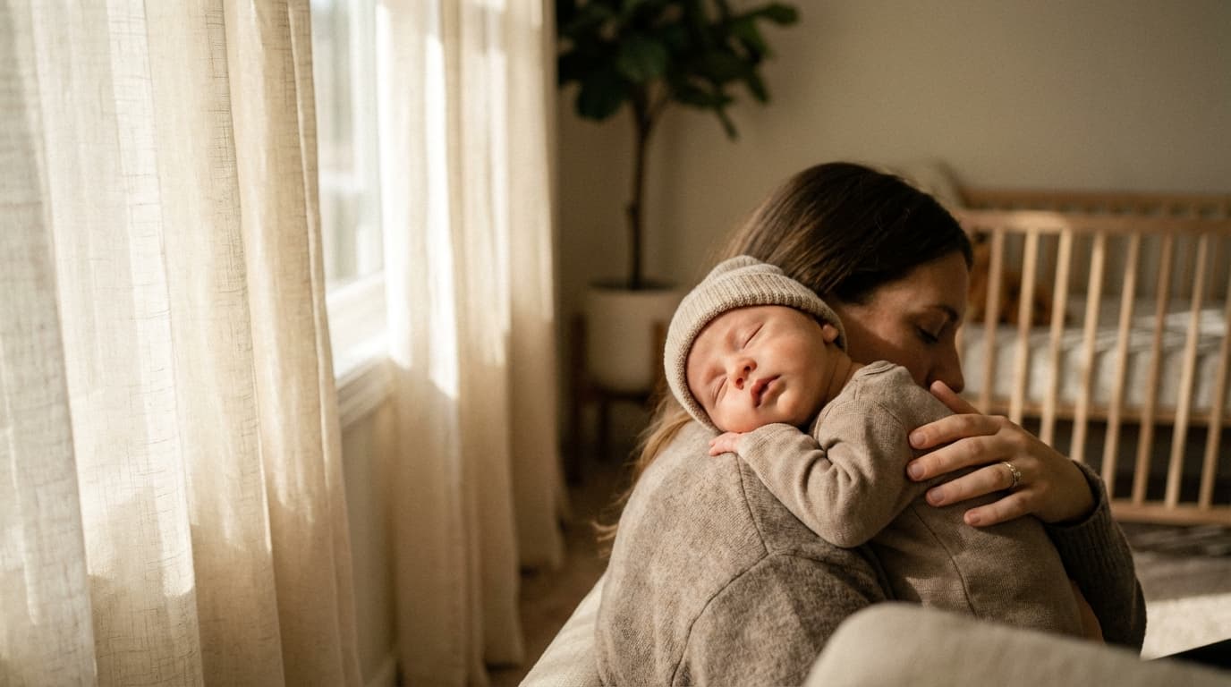 Portrait cinématographique d'un bébé apaisé dans les bras de son parent sous une lumière naturelle douce.