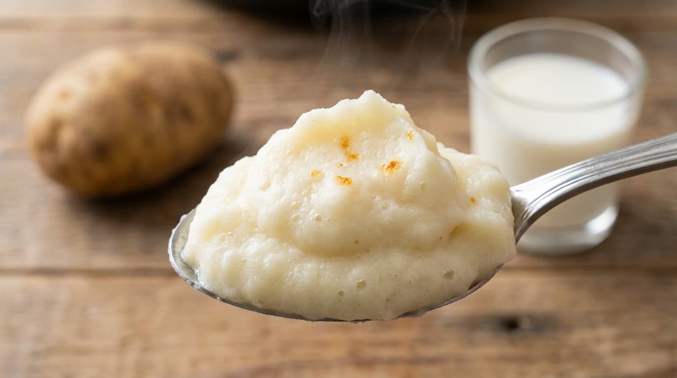 Gros plan macro sur la texture lisse et aérienne d'une purée de pommes de terre faite maison.