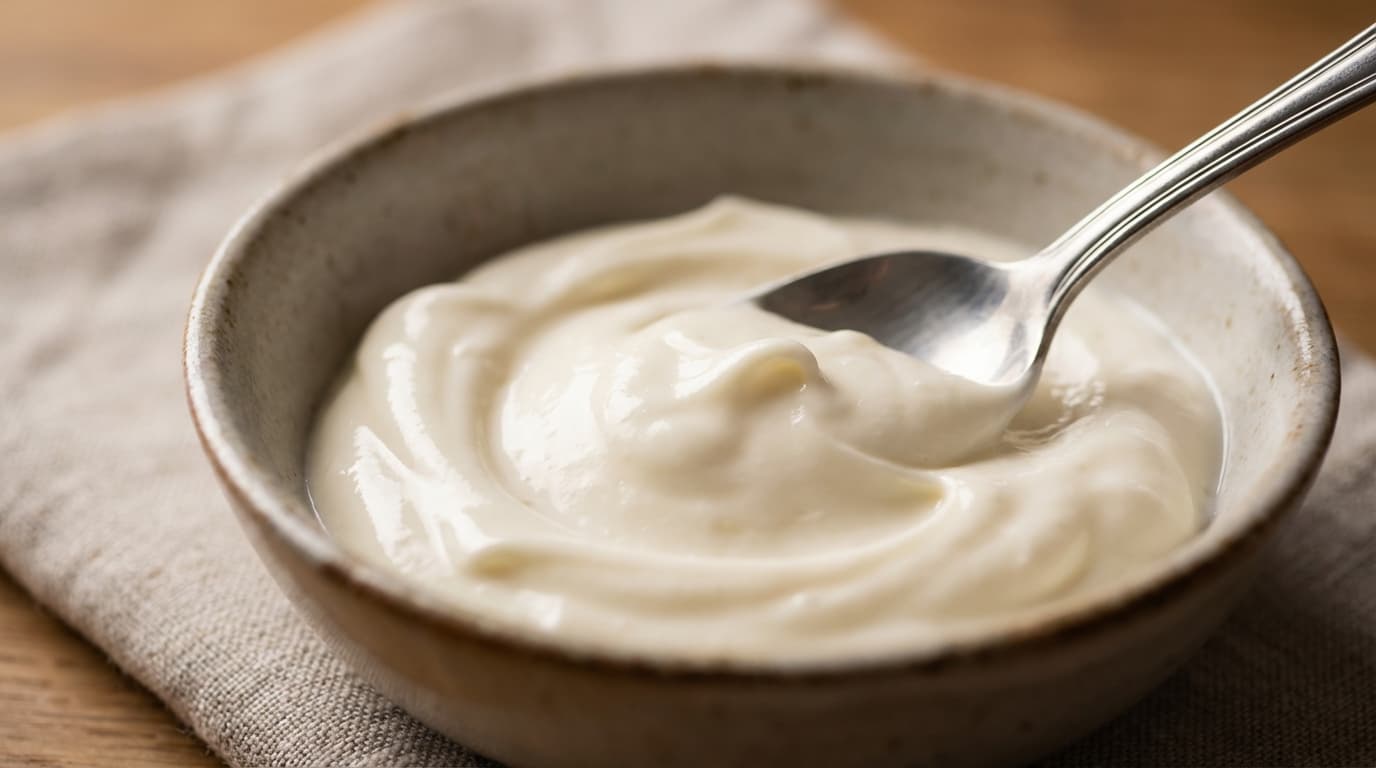 Gros plan macro sur la texture riche et soyeuse d'une sauce blanche onctueuse.