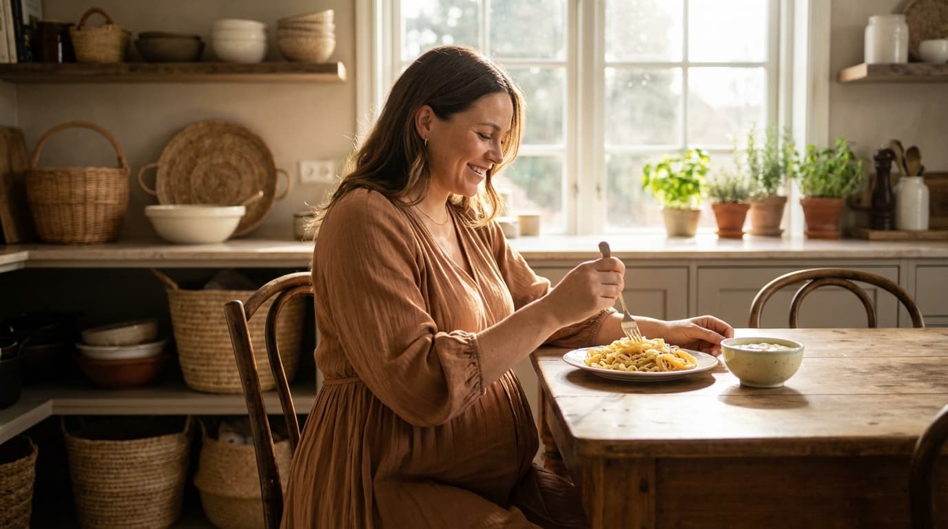 Une femme enceinte souriante dans une cuisine lumineuse s'apprêtant à manger avec de la sauce crémeuse.