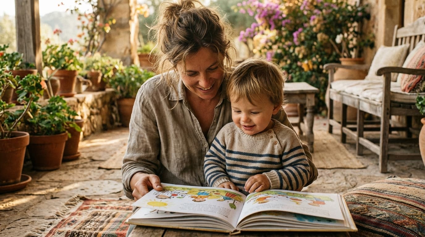 Une mère et son fils de 2 ans lisant un livre ensemble pour remplacer le temps d'écran.