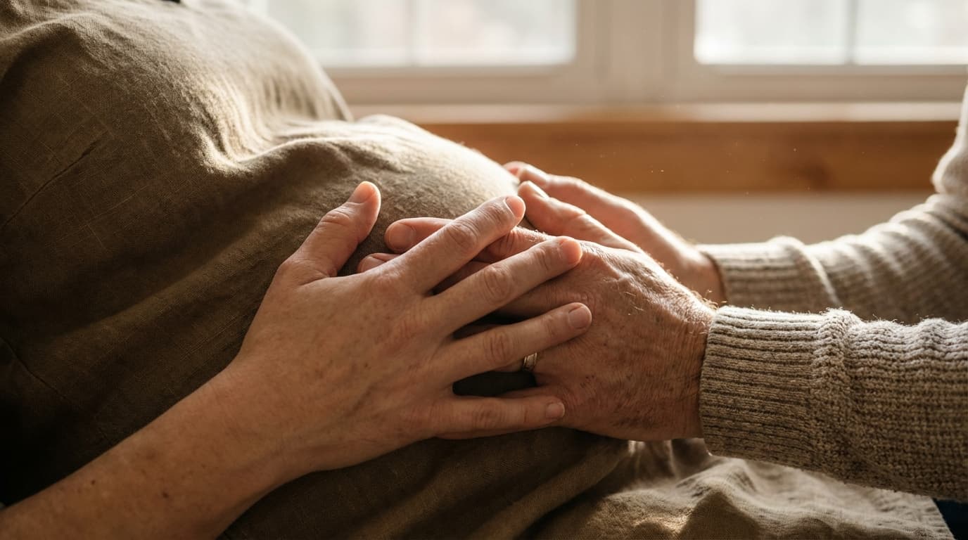 Photo macro de mains cherchant le contact avec le bébé à travers le ventre maternel, style documentaire haut de gamme.