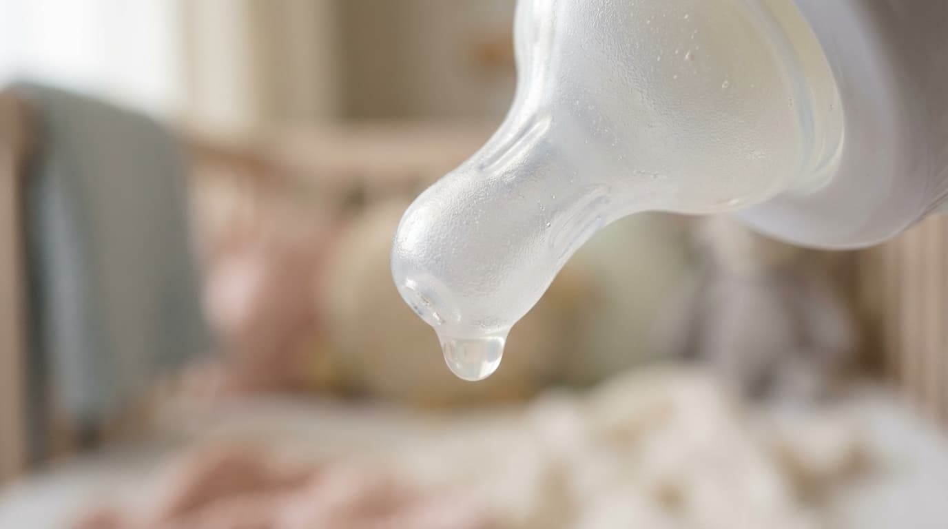 Vue macro détaillée d'une tétine de biberon et d'une goutte de lait illustrant le débit.