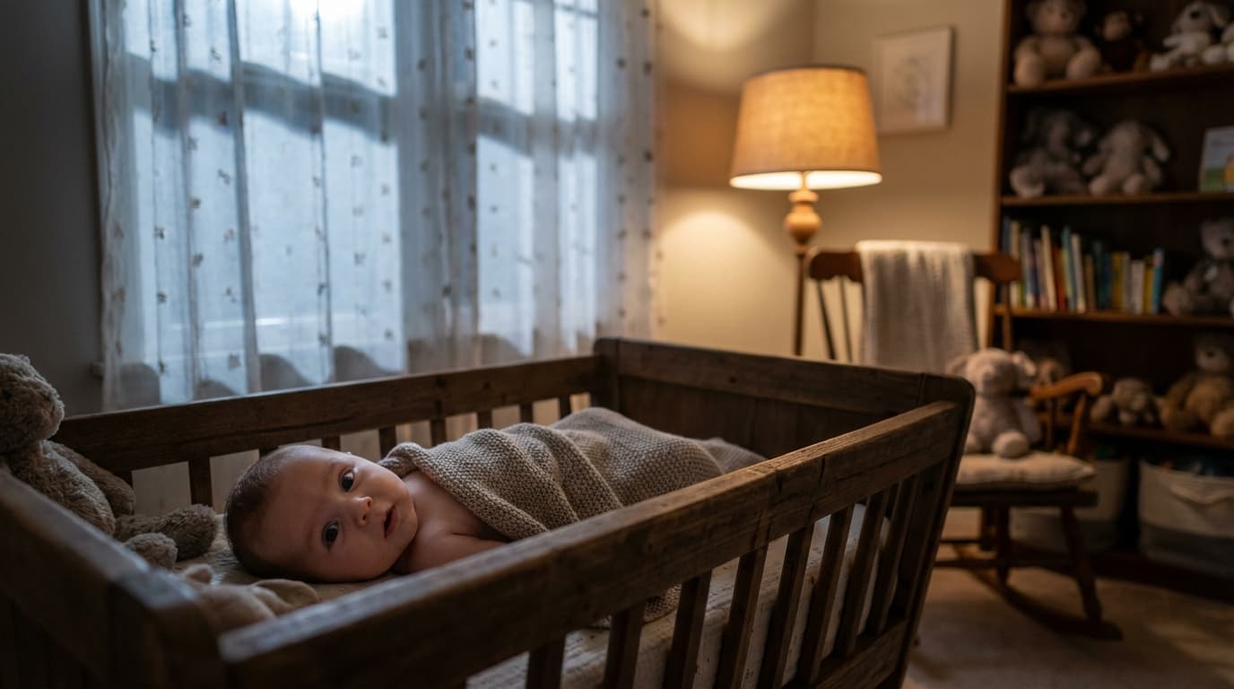 Un bébé de deux mois éveillé dans son berceau au milieu de la nuit sous une lumière tamisée.
