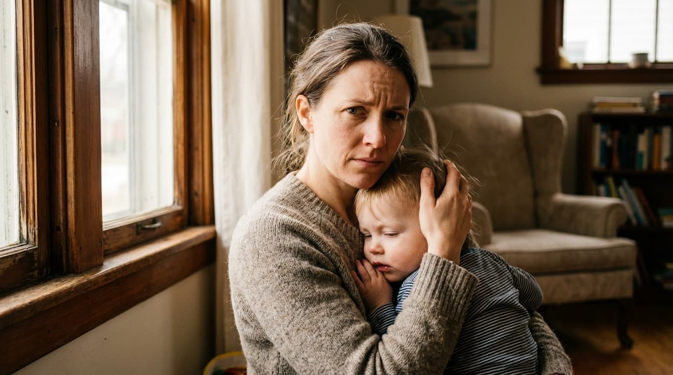 Une mère protégeant tendrement son jeune enfant dans une atmosphère calme et lumineuse.