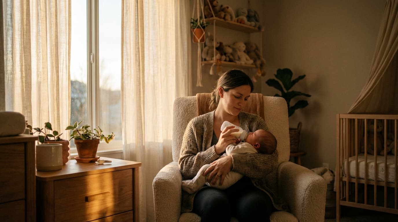 Une mère assise dans une chambre lumineuse nourrissant calmement son bébé au biberon, illustrant un moment de patience.