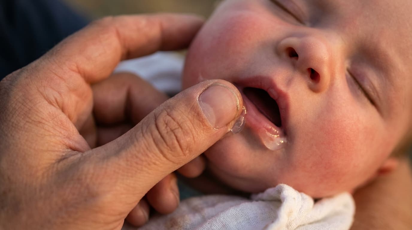 Gros plan d'un parent appliquant délicatement du gel apaisant sur les gencives d'un bébé.