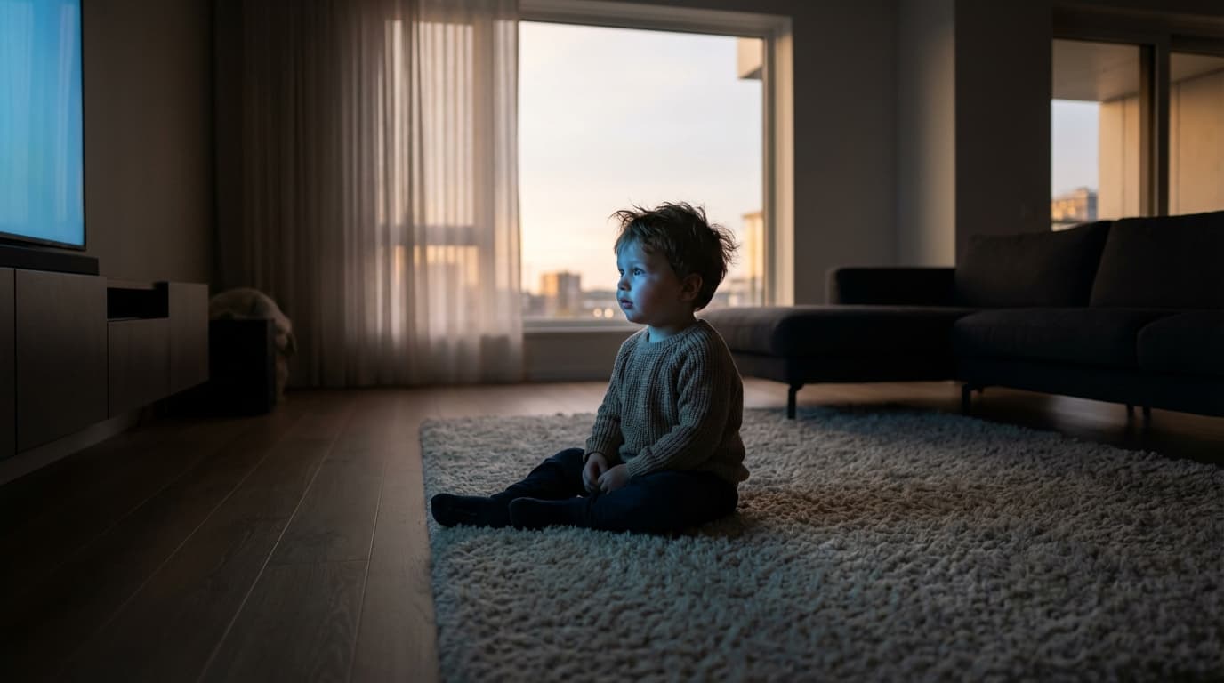 Un petit garçon de deux ans assis dans un salon sombre, captivé par la lumière d'un écran de télévision.