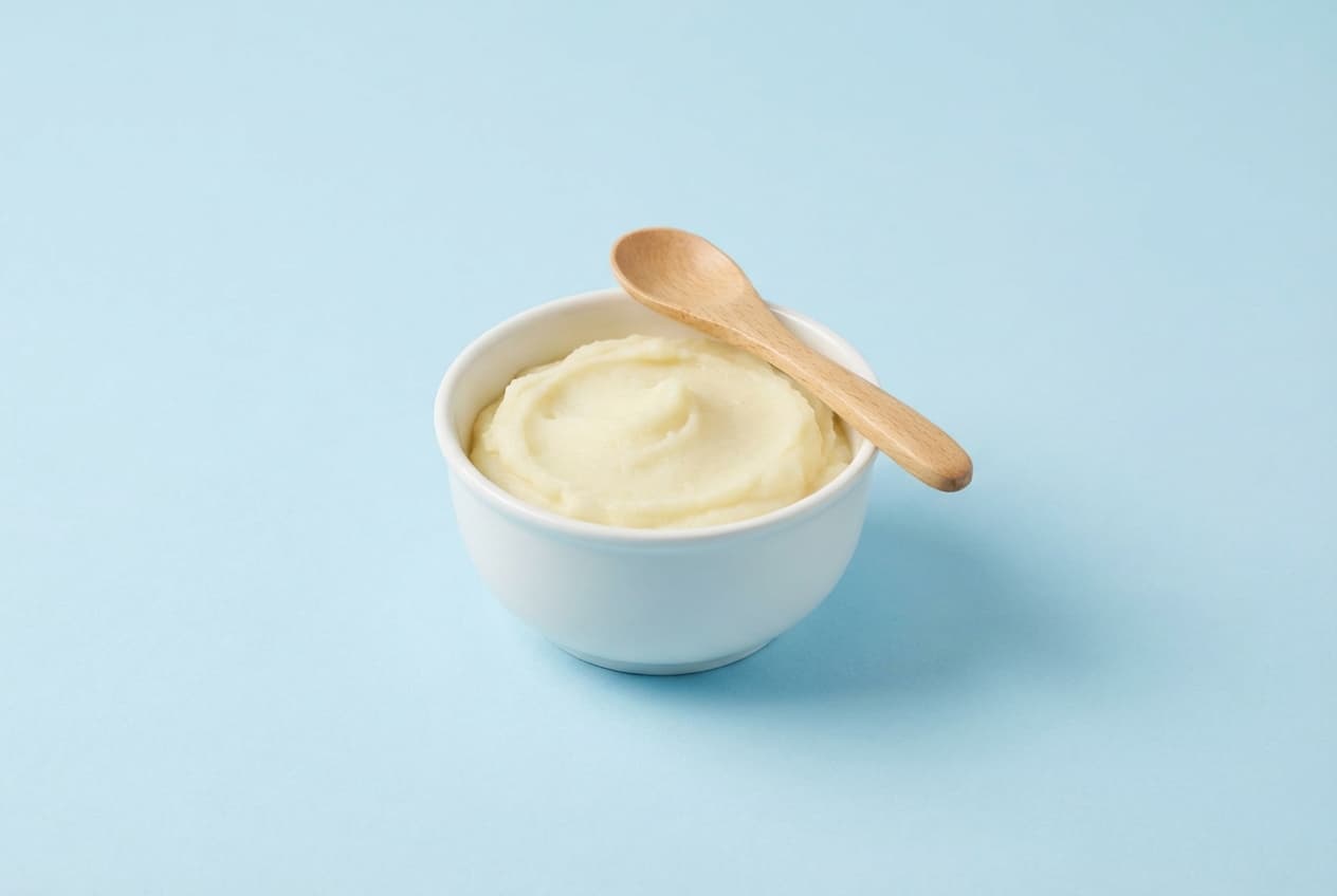 Purée Mousseline bébé : âge, sel et mode de préparation Bol blanc de purée lisse pour bébé avec une petite cuillère sur fond minimaliste.