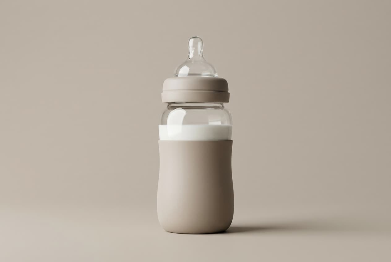 Pourquoi mon bébé met 1h à boire son biberon ? Conseils Gros plan iconique d'un biberon de lait sur fond neutre.