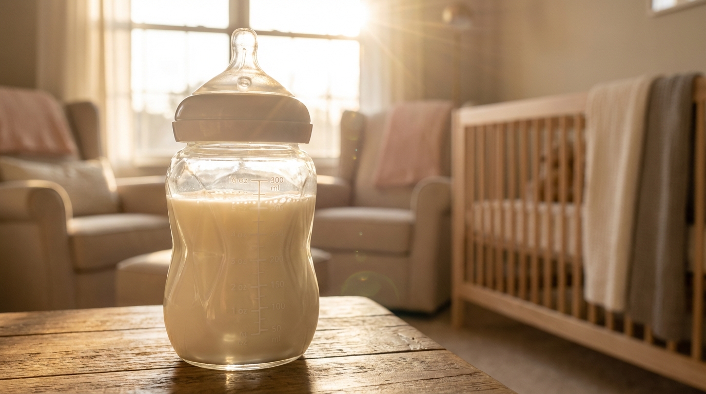 Gros plan cinématographique d'un biberon en verre avec des graduations de mesure dans une chambre de bébé baignée de lumière.
