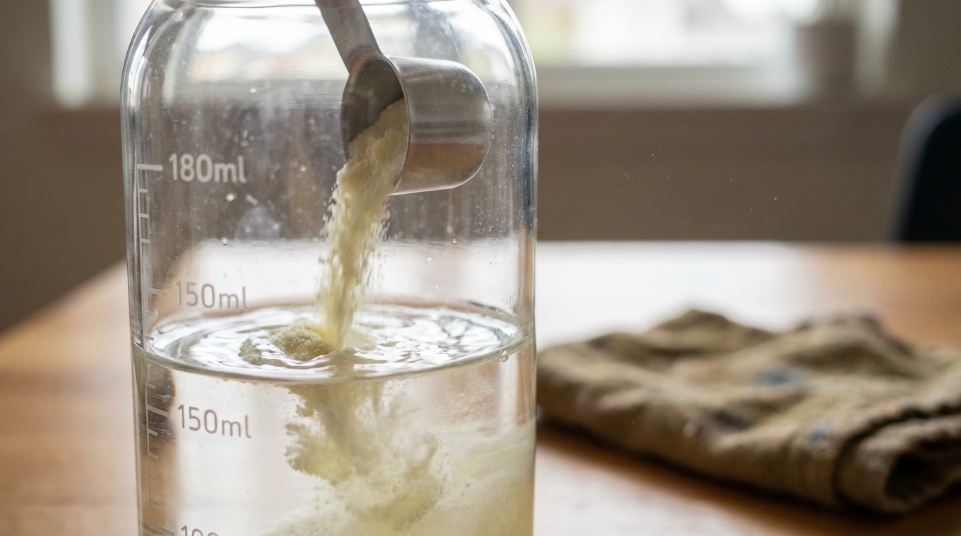Photographie macro montrant le mélange de la poudre de lait et l'élévation du niveau de liquide dans le biberon.