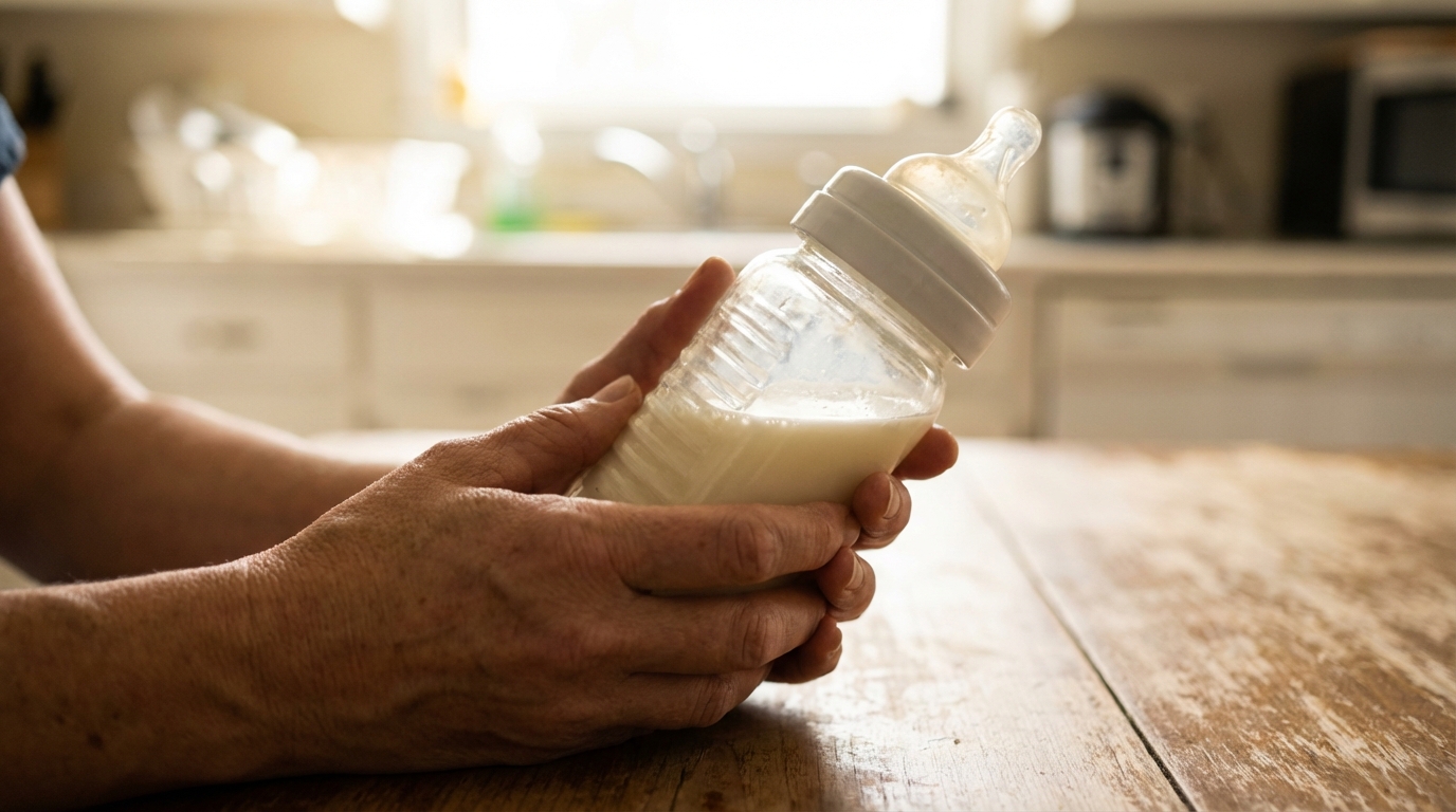 Mains d'une mère tenant un biberon de soupe et de lait pour son enfant.