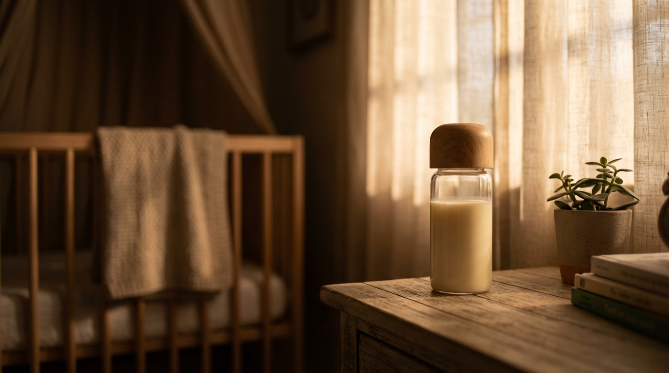 Un biberon de lait et de soupe posé dans une chambre de bébé à l'ambiance chaleureuse et tamisée.