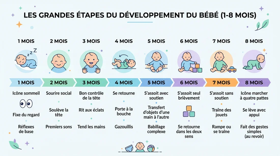 Développement et éveil d'un bébé de 7 mois Bébé de 7 mois souriant confortablement installé sur un tapis de jeu