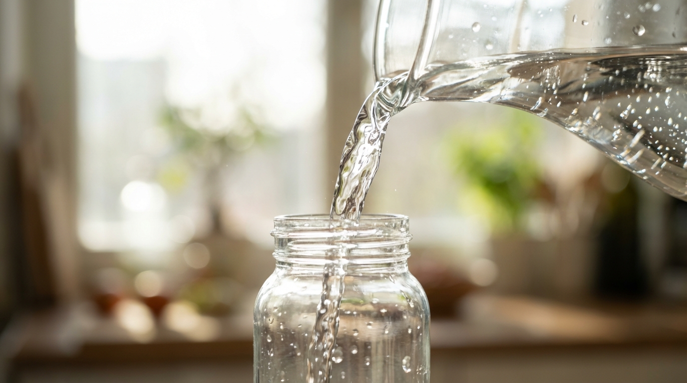 Gros plan sur de l'eau minérale versée délicatement dans un biberon, symbole de pureté.