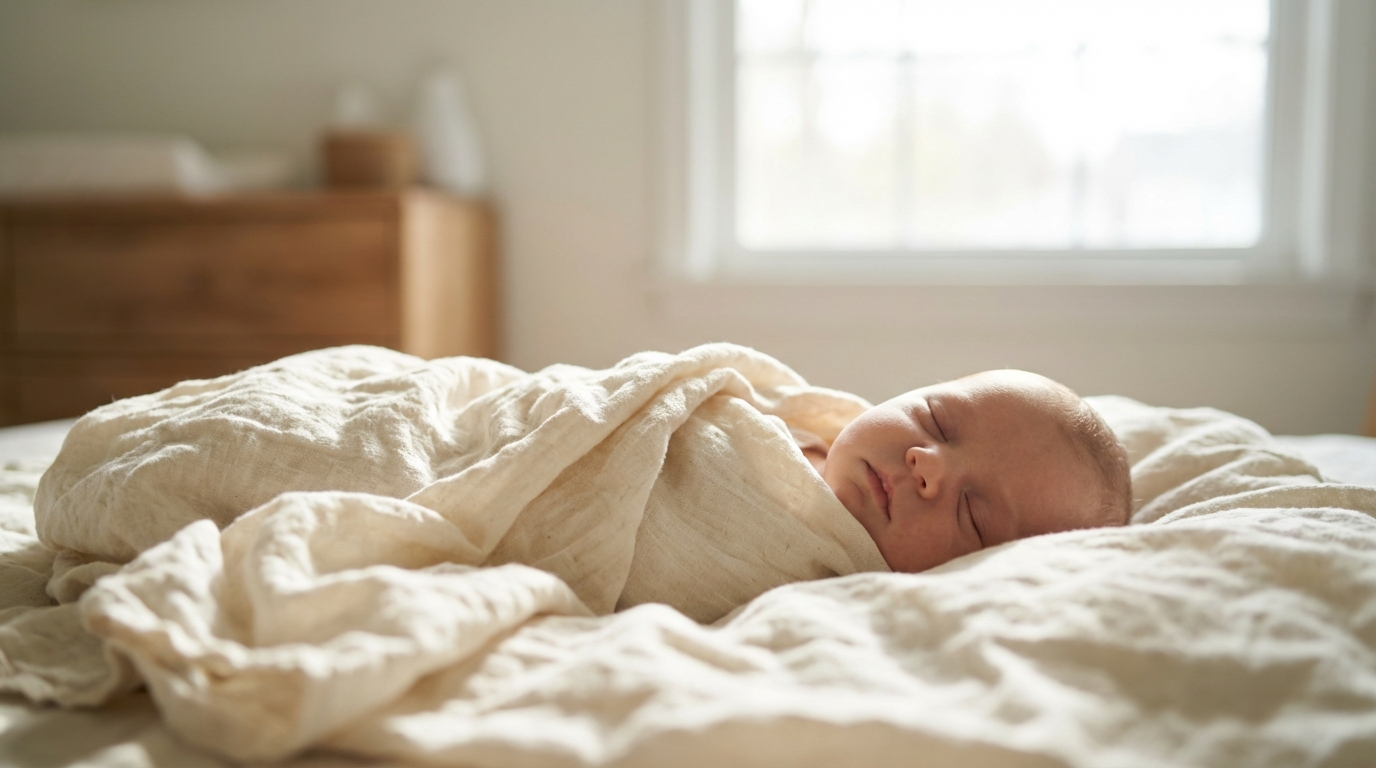 Nourrisson de 1 mois paisiblement allongé sur des draps blancs dans une chambre d'enfant baignée de lumière naturelle.