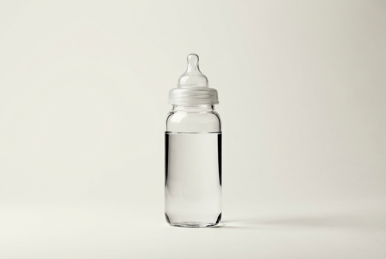 Un biberon en verre rempli d'eau minérale pure sur un fond épuré.