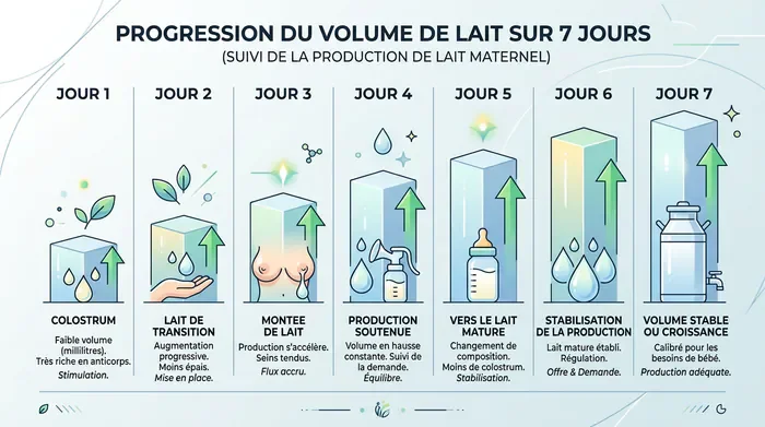 Je ne tire que 20 ml de lait : 5 causes - Tirer 20 ml de lait : Comment booster votre lactation ? - Pourquoi je ne tire que 20 ml de lait ? Mes solutions Graphique illustrant la progression du volume de lait maternel sur une semaine