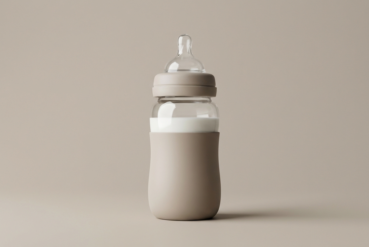Gros plan iconique d'un biberon de lait sur fond neutre.