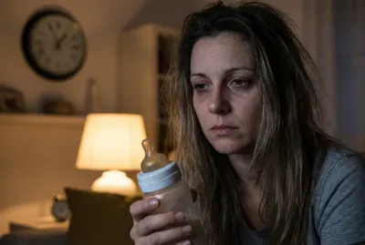 Maman surveillant l'heure pendant que bébé boit son biberon lentement.