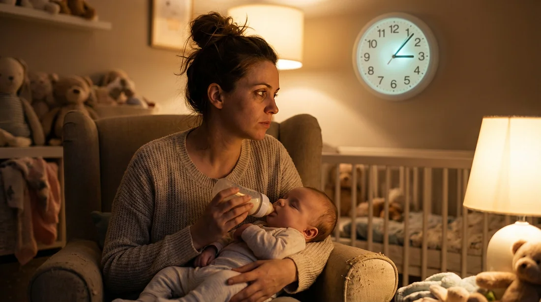Maman inquiète du temps de tétée de son bébé Une maman fatiguée regarde l'horloge en donnant le biberon à son bébé dans la pénombre.