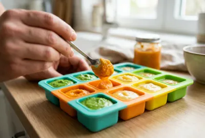 Purée pour bébé dans un bac de congélation en silicone