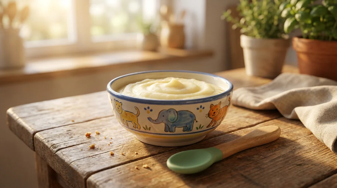 Repas de bébé avec une purée onctueuse Bol de purée onctueuse pour bébé sur une table en bois chaleureuse