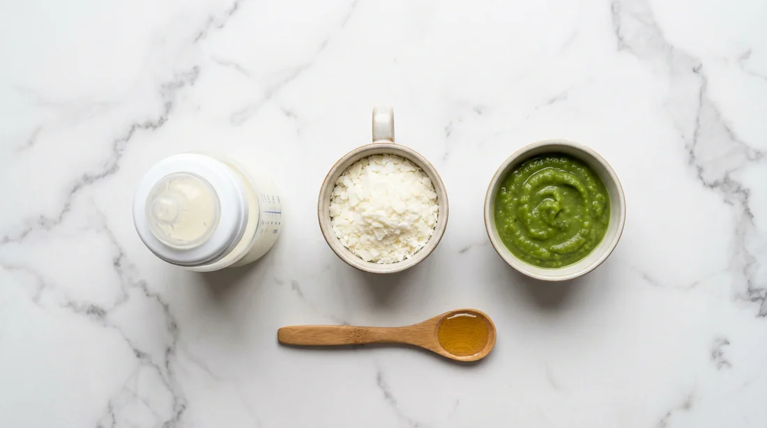 Recette de purée améliorée pour bébé Ingrédients pour équilibrer une purée en sachet : flocons, lait, légumes et huile de colza