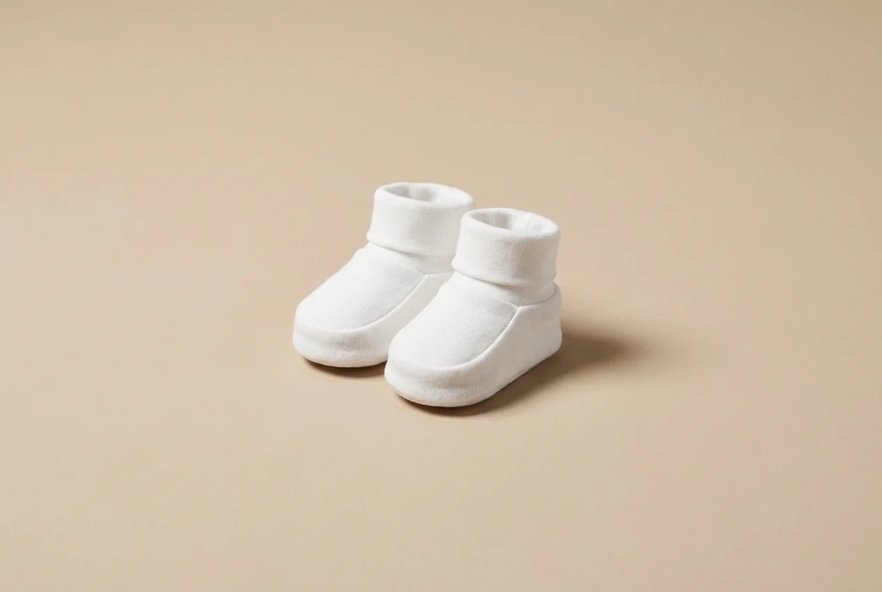 Petits chaussons de bébé blancs sur fond minimaliste beige.