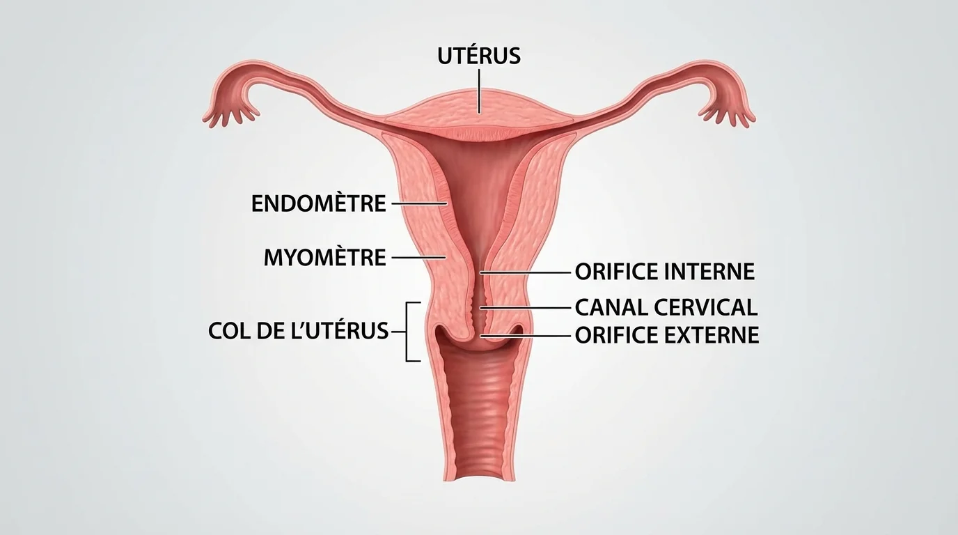 Représentation anatomique du col de l'utérus Schéma médical 3D illustrant l'anatomie du col de l'utérus durant la grossesse.