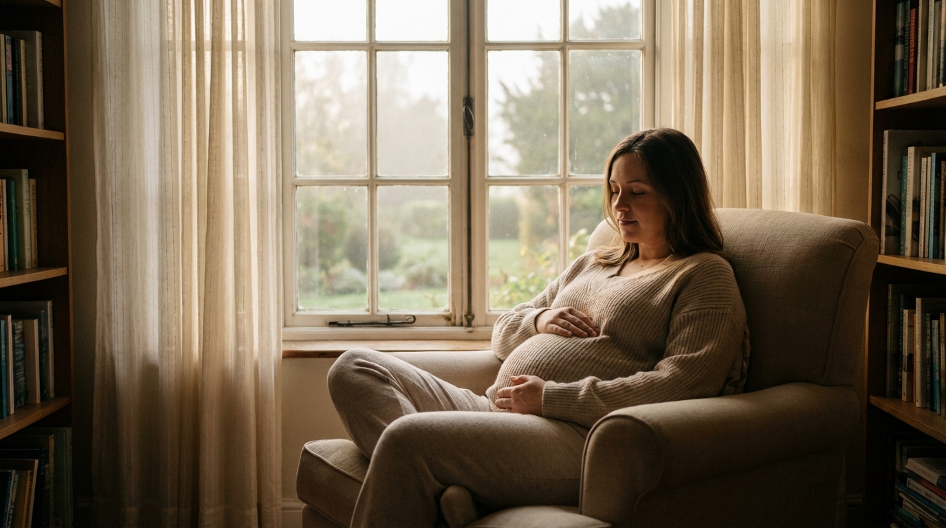 Portrait éditorial d'une femme enceinte assise près d'une fenêtre dans une lumière douce et naturelle.