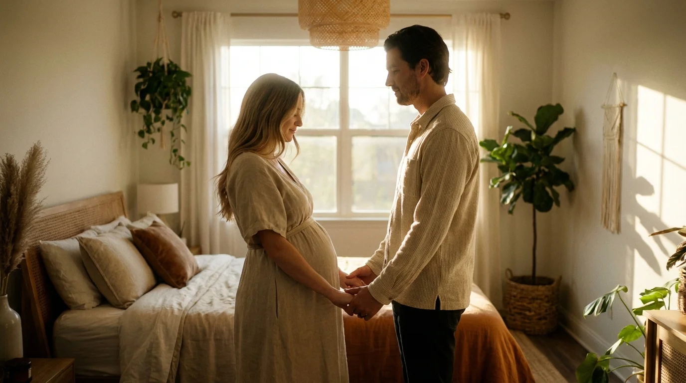 Couple de futurs parents se tenant la main dans une lumière matinale douce et chaleureuse.