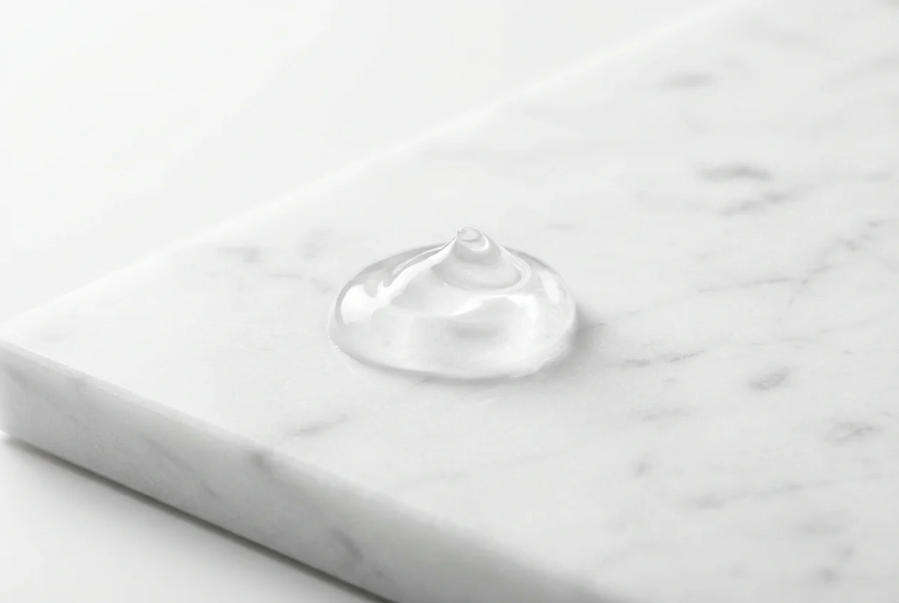 Goutte de gel lubrifiant pur sur fond de marbre blanc minimaliste.
