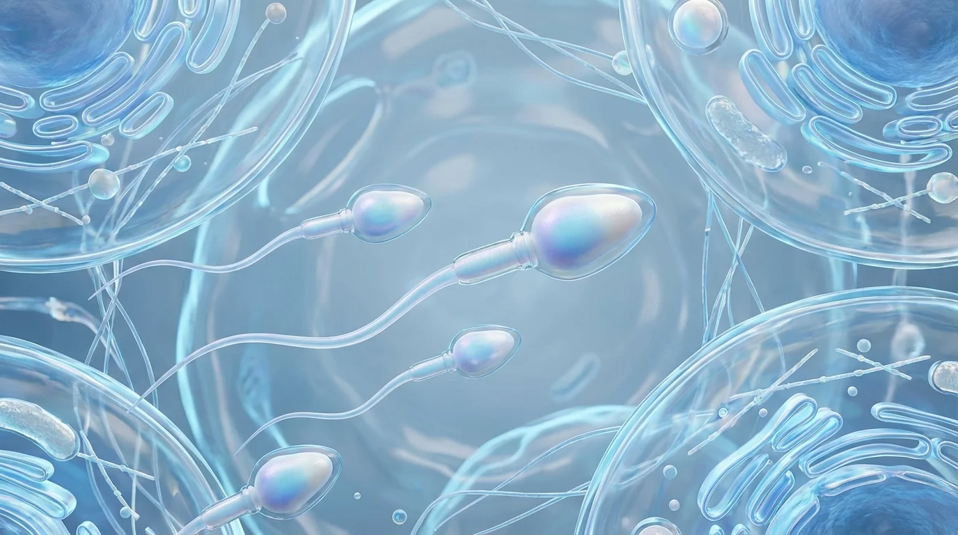 Représentation scientifique en 3D de l'interaction sécurisée entre le lubrifiant et les cellules de fertilité.