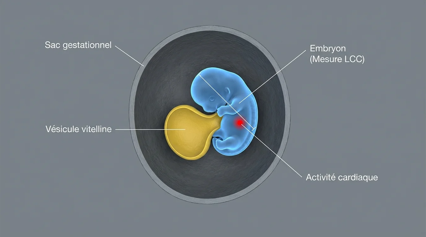 Schéma anatomique légendé d'un sac gestationnel et d'un embryon