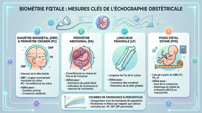 Petit fémur à l'échographie : faut-il s'inquiéter ? - Petit fémur à l'échographie : 5 choses à savoir - Petit fémur à l'échographie : les causes et la vérité Infographie illustrant la courbe de croissance fœtale