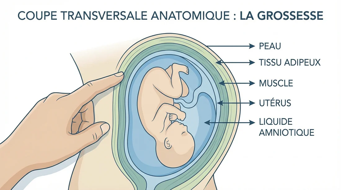 Les couches anatomiques séparant la main du fœtus Schéma en coupe transversale montrant les barrières physiques entre la main et le bébé (peau, graisse, utérus).
