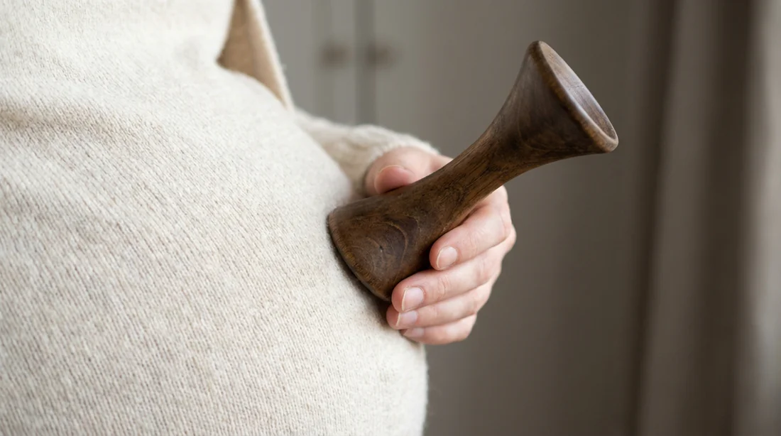 Écoute du rythme cardiaque fœtal avec un cône de Pinard Stéthoscope obstétrical de Pinard en bois posé sur le ventre d'une femme enceinte.