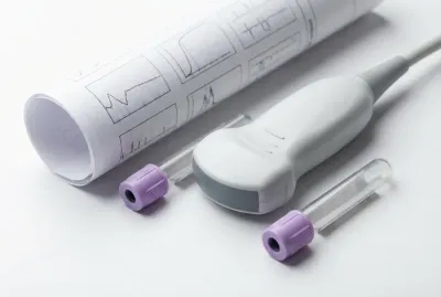 Gros plan d'une sonde échographique et d'un tube de prélèvement sanguin.