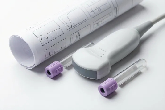 Gros plan d'une sonde échographique et d'un tube de prélèvement sanguin.