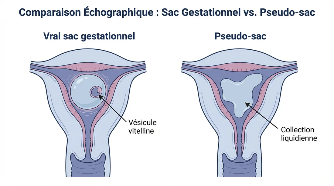 Identification d'un pseudo-sac gestationnel à l'échographie Schéma médical comparant un vrai sac gestationnel et un pseudo-sac.