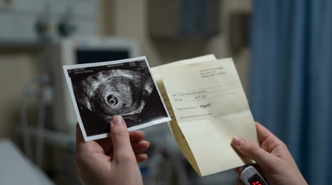 Discordance entre échographie et test de grossesse sanguin Une femme anxieuse comparant une échographie positive et un rapport de laboratoire marqué négatif.
