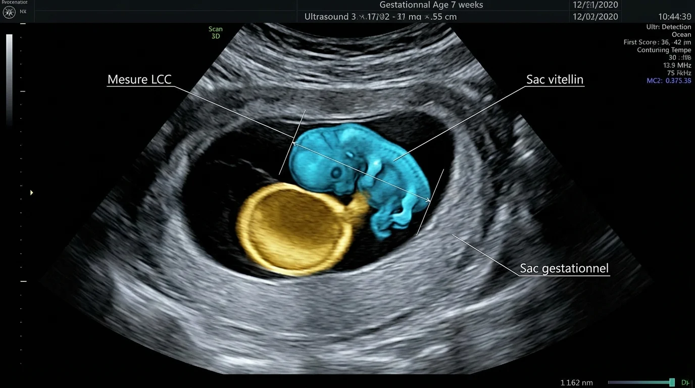 Analyse de la croissance embryonnaire et mesures CRL Schéma technique de la mesure de la croissance de l'embryon à 7 SA