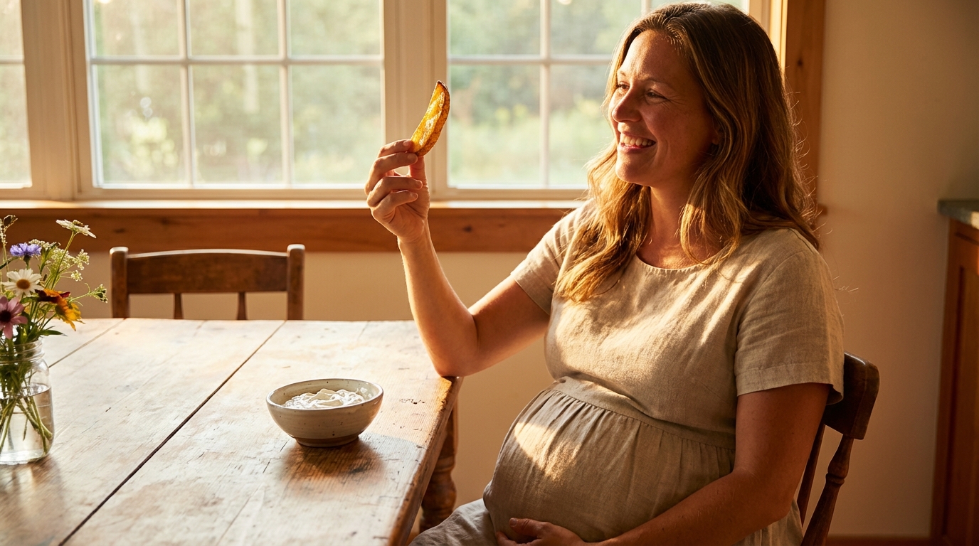 Consommation sereine de sauce Creamy Deluxe pendant la grossesse Femme enceinte souriante s'apprêtant à manger une potatoe avec de la sauce Creamy Deluxe dans une ambiance lumineuse.