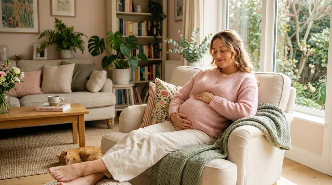 Maternité sereine : attendre le troisième enfant Femme enceinte sereine profitant d'un moment de détente chez elle