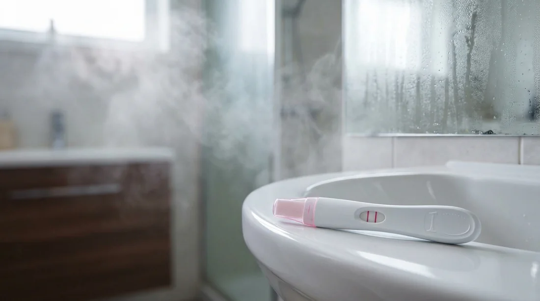 Humidité et conservation du test de grossesse Test de grossesse posé près d'un lavabo dans une salle de bain humide.