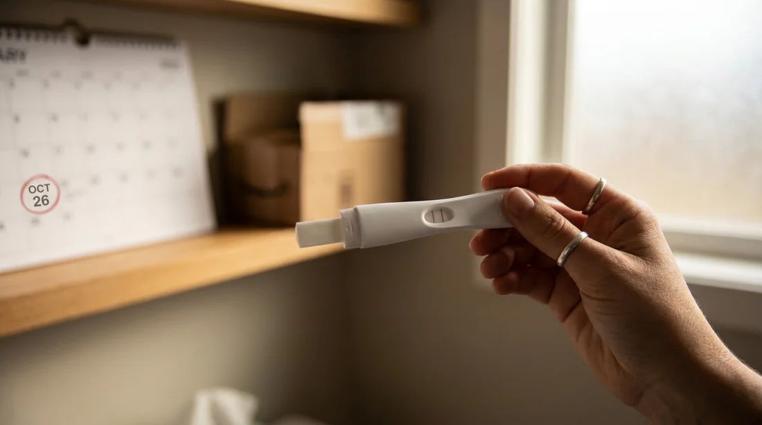 Vérification de la fiabilité d'un test de grossesse périmé Une main de femme tenant un test de grossesse devant une date de péremption sur fond flou.